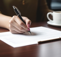 closeup-woman-signing-documents-drinking-coffee